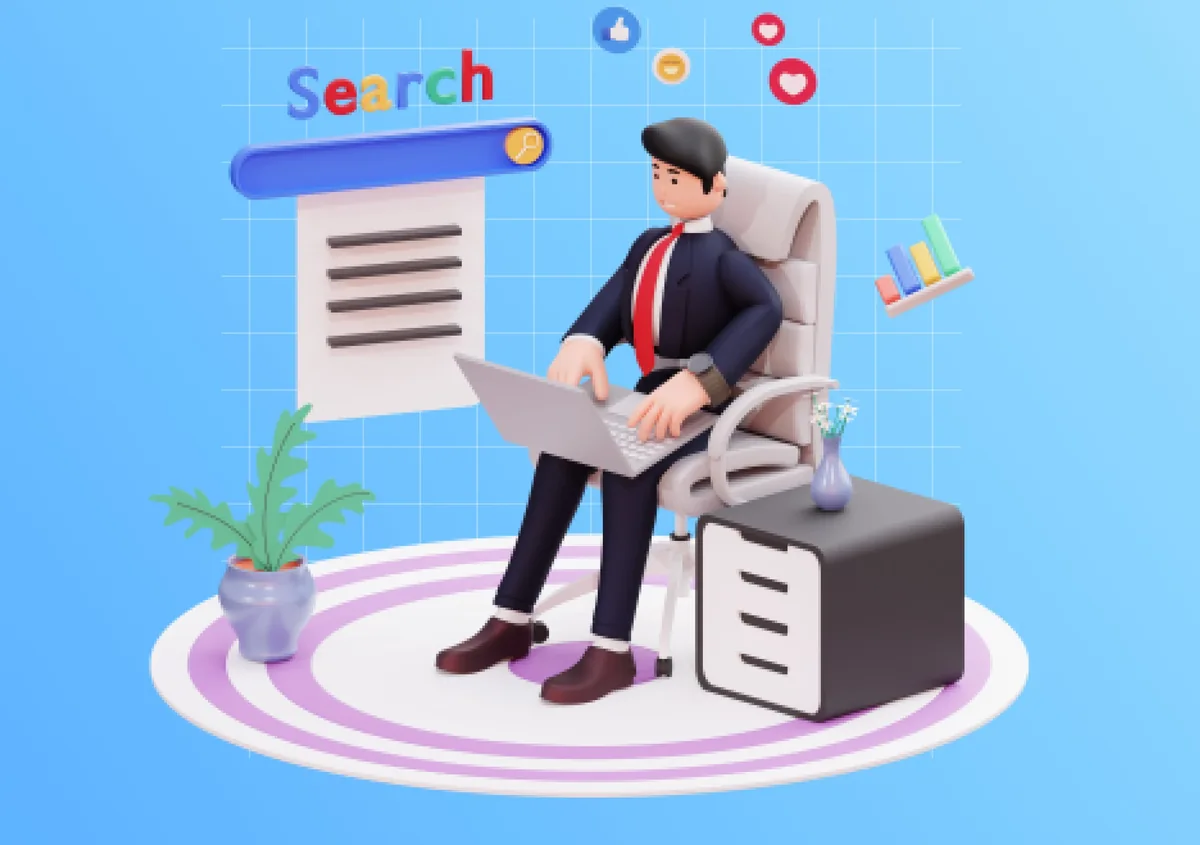 Illustration of a writer researching free guest posting opportunities on a laptop