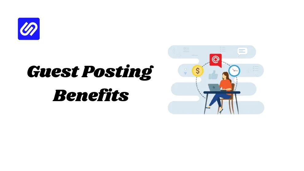 Guest posting benefits illustration showing a writer connecting with readers online