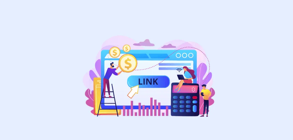 Publisher evaluation illustration with a contextual link, research tools and campaign costs
