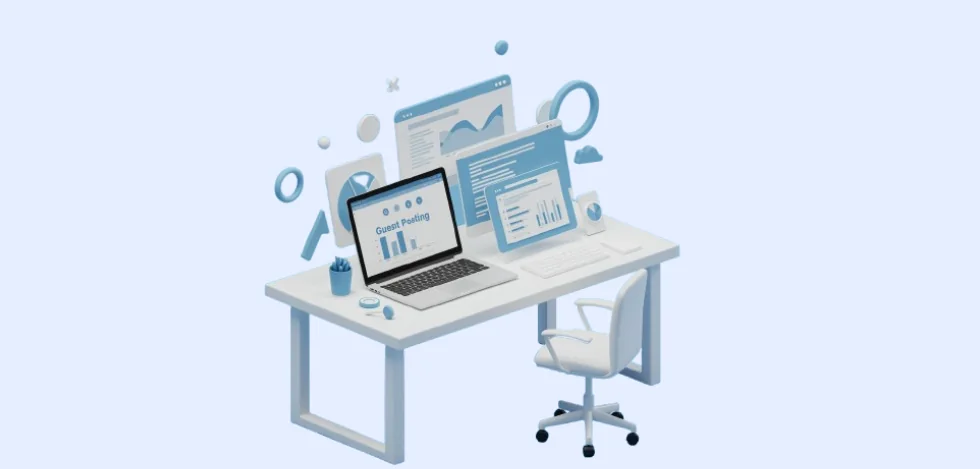Guest posting workspace with publisher listings and reporting tools for marketplace research