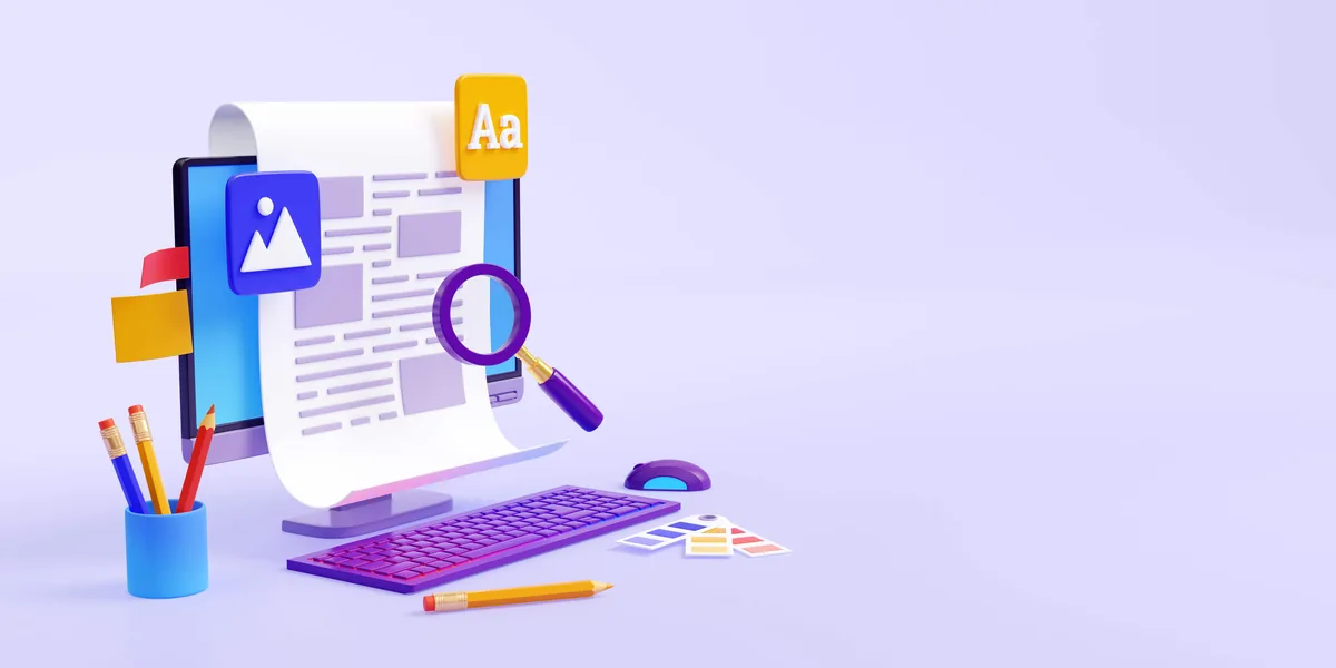 Editorial illustration of article writing, content research and SEO review on a desktop computer