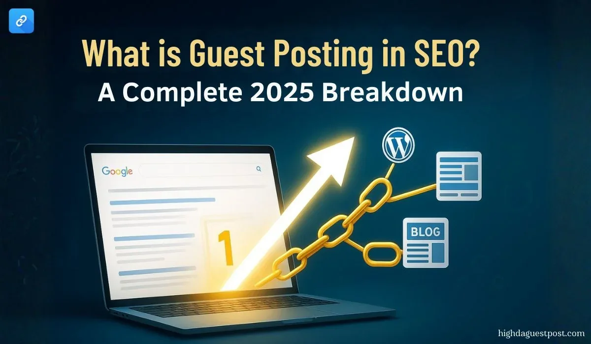 Guest posting in SEO illustration connecting a contributed blog article with search results