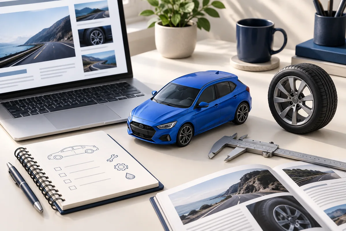 Car model, wheel and maintenance notebook illustrating automotive articles.