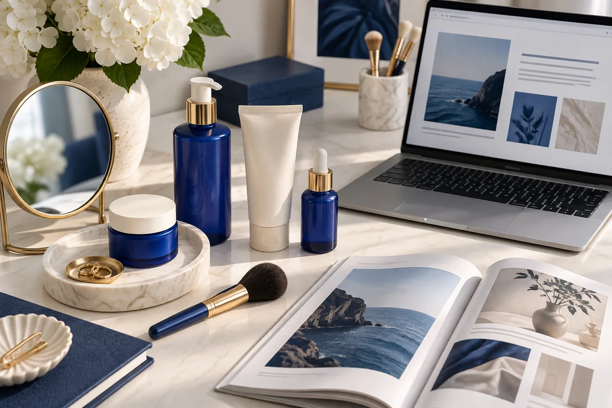 Skincare bottles, brush and magazine illustrating beauty editorial content.