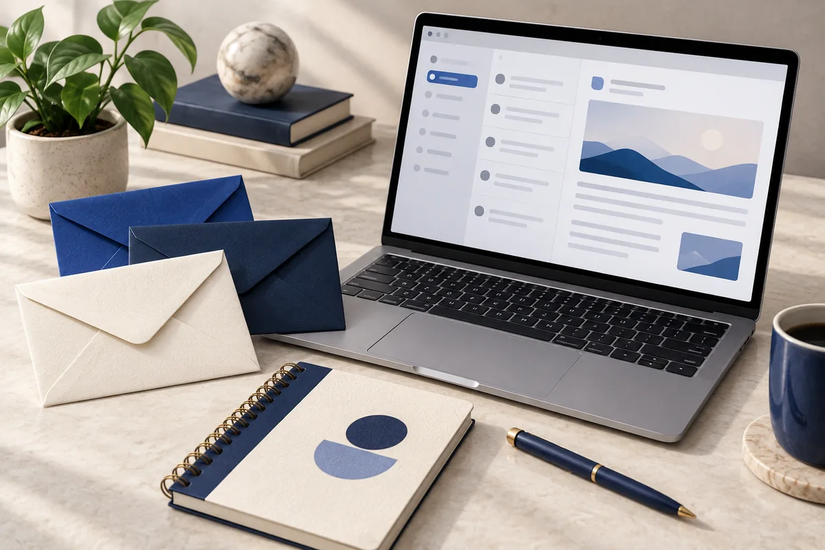 Envelopes, research notebook and laptop illustrating personal blogger outreach.