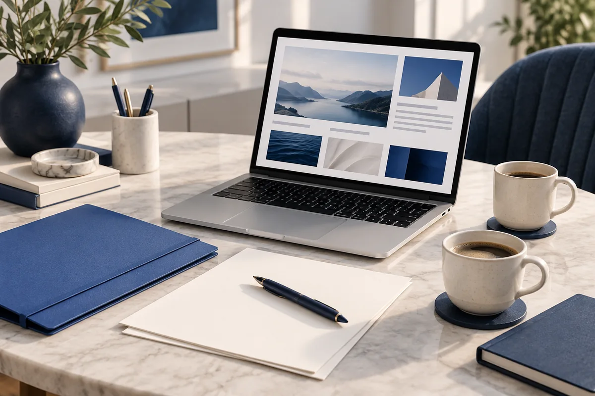 Meeting notes and a laptop illustrating business editorial planning.
