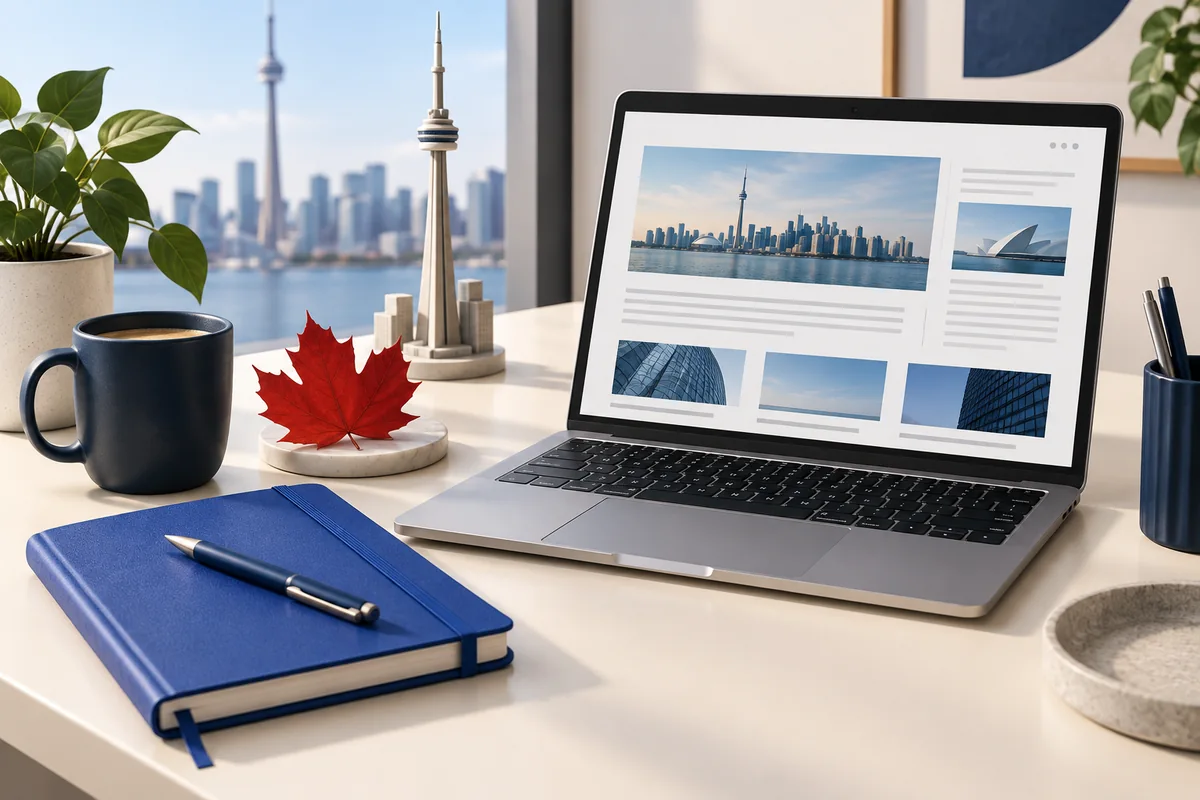 Maple leaf, Toronto landmark model and laptop illustrating Canadian editorial outreach.