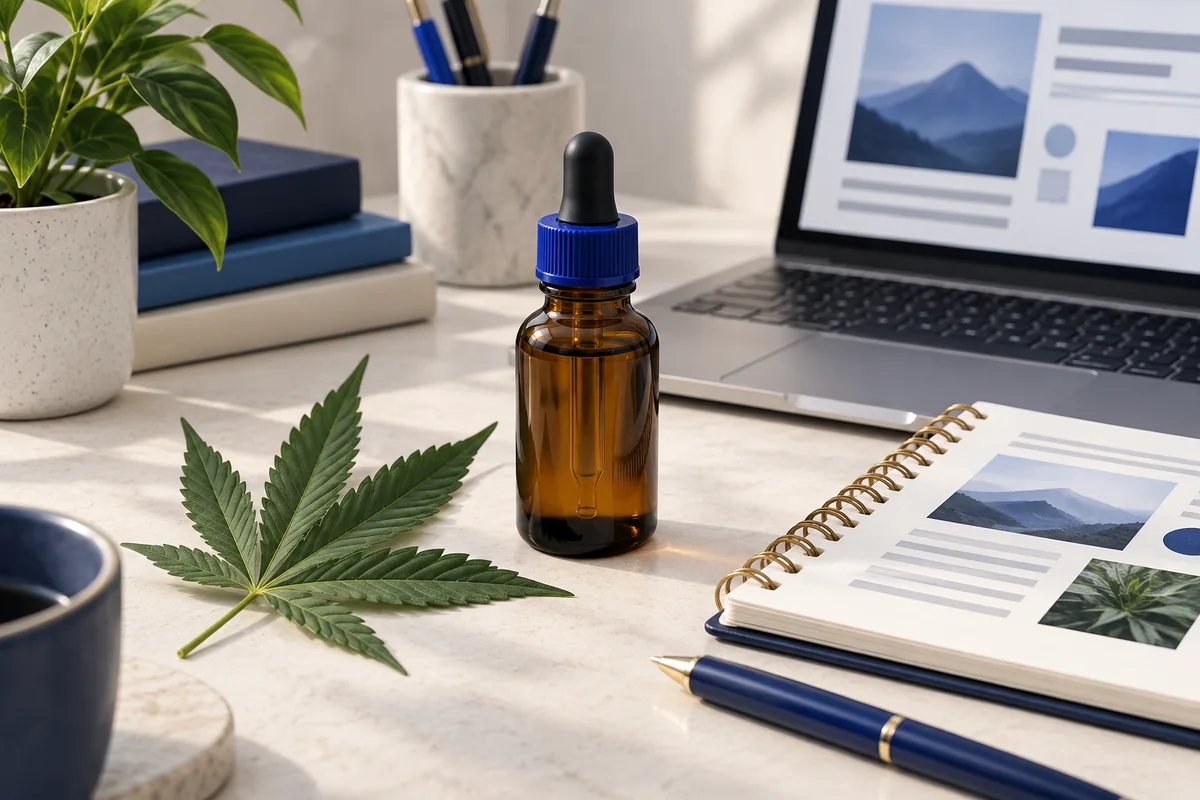 Unbranded dropper bottle, hemp leaf and notes illustrating CBD editorial review.