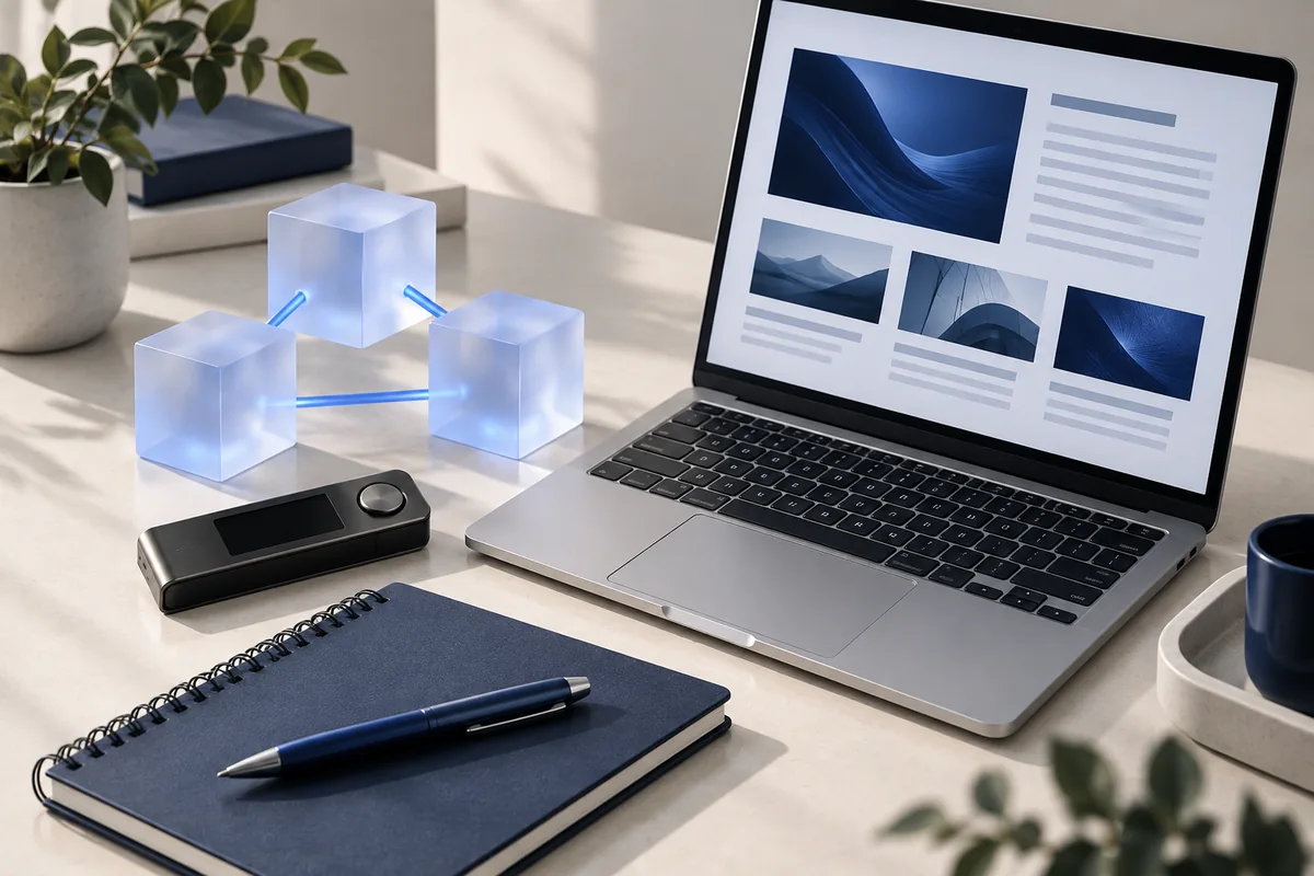Hardware wallet, connected blocks and laptop illustrating cryptocurrency technical content.
