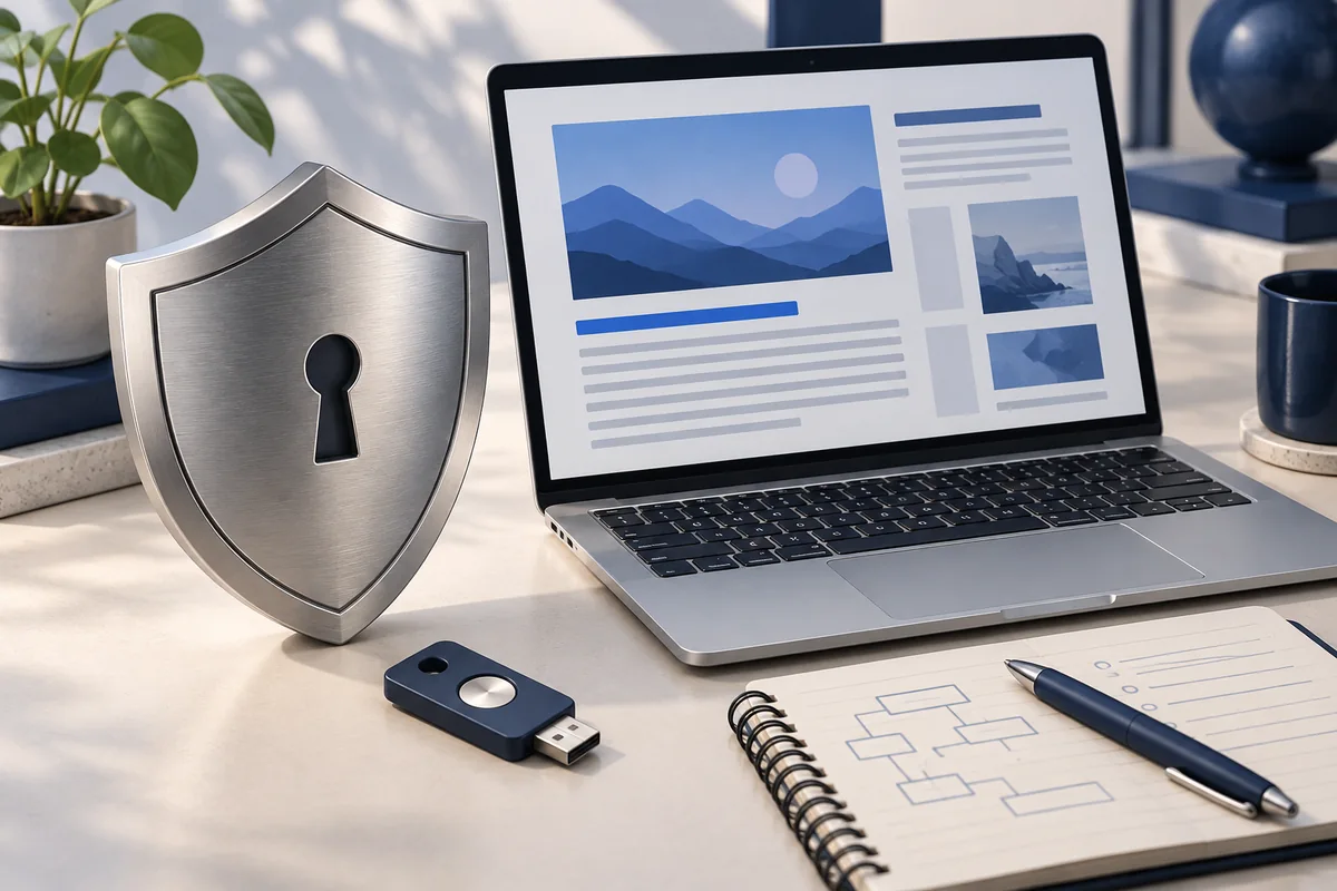 Security key, shield and laptop illustrating cybersecurity editorial content.