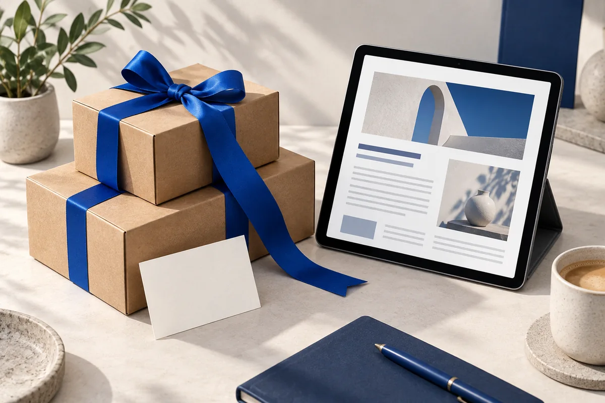 Shipping boxes, product card and tablet illustrating ecommerce content.