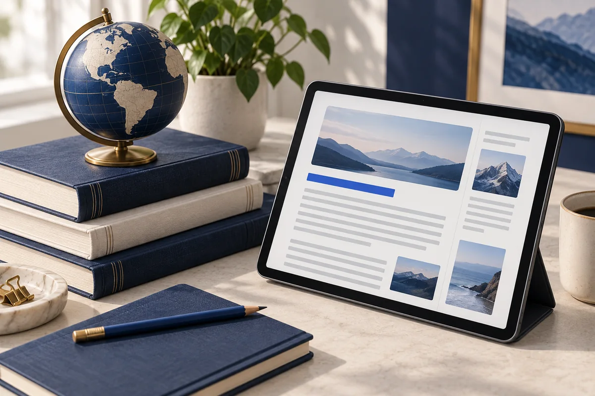 Books, globe and tablet illustrating educational guest articles.