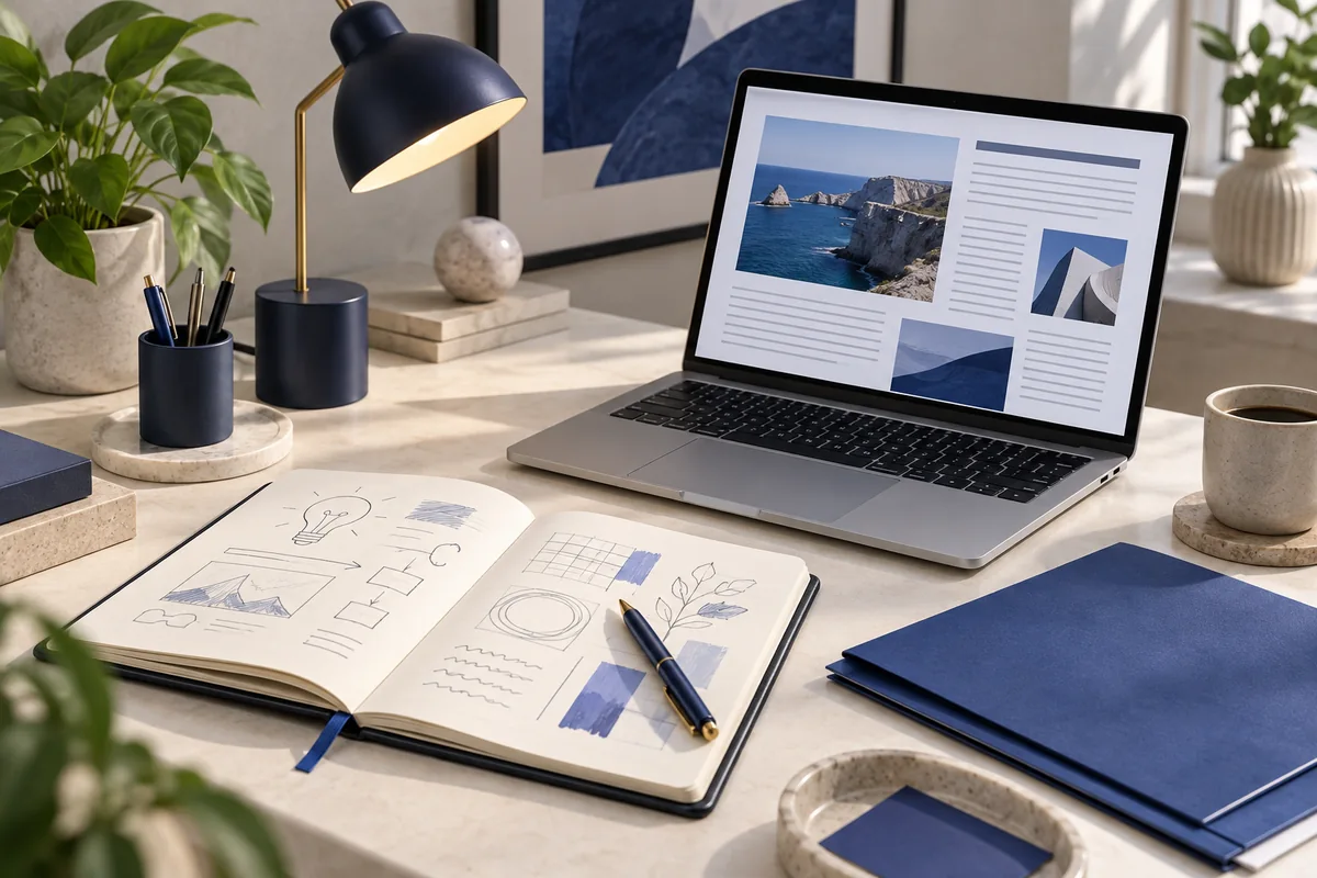 Planning notebook and laptop illustrating founder stories and editorial work.