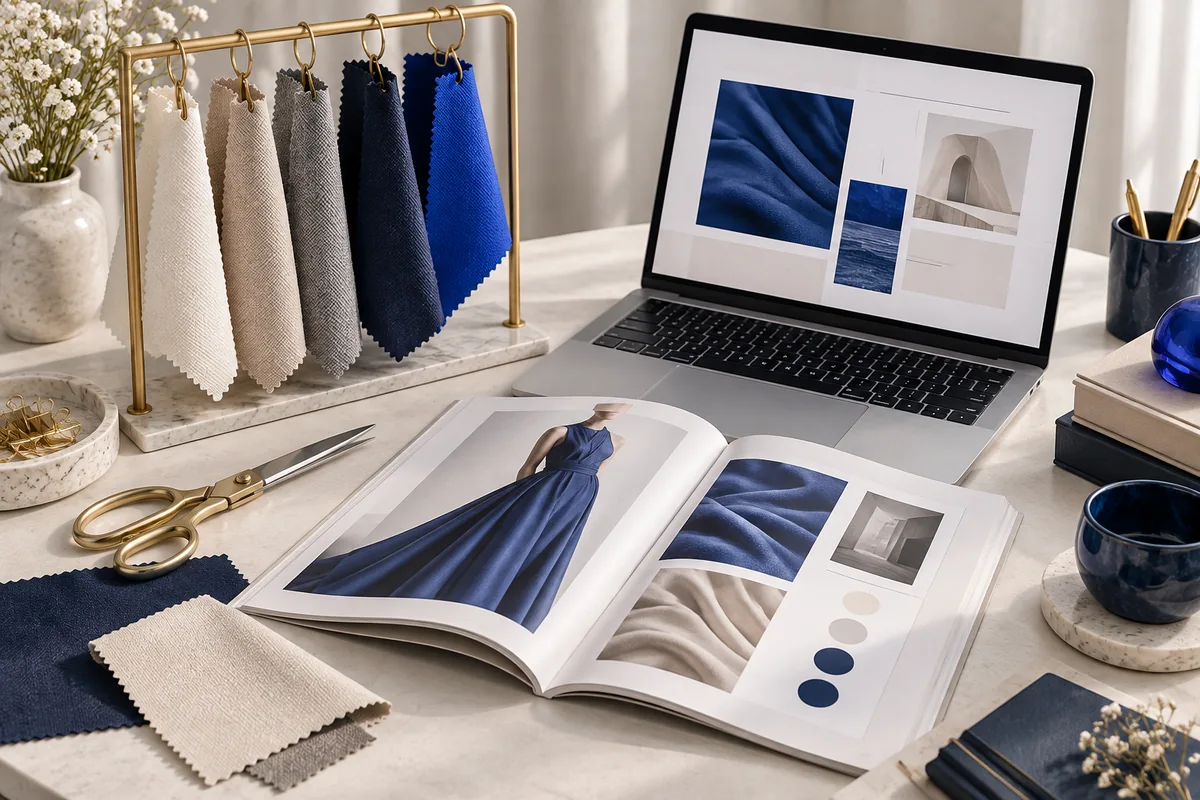 Fabric swatches, tailoring tools and an editorial spread for fashion guest posts.