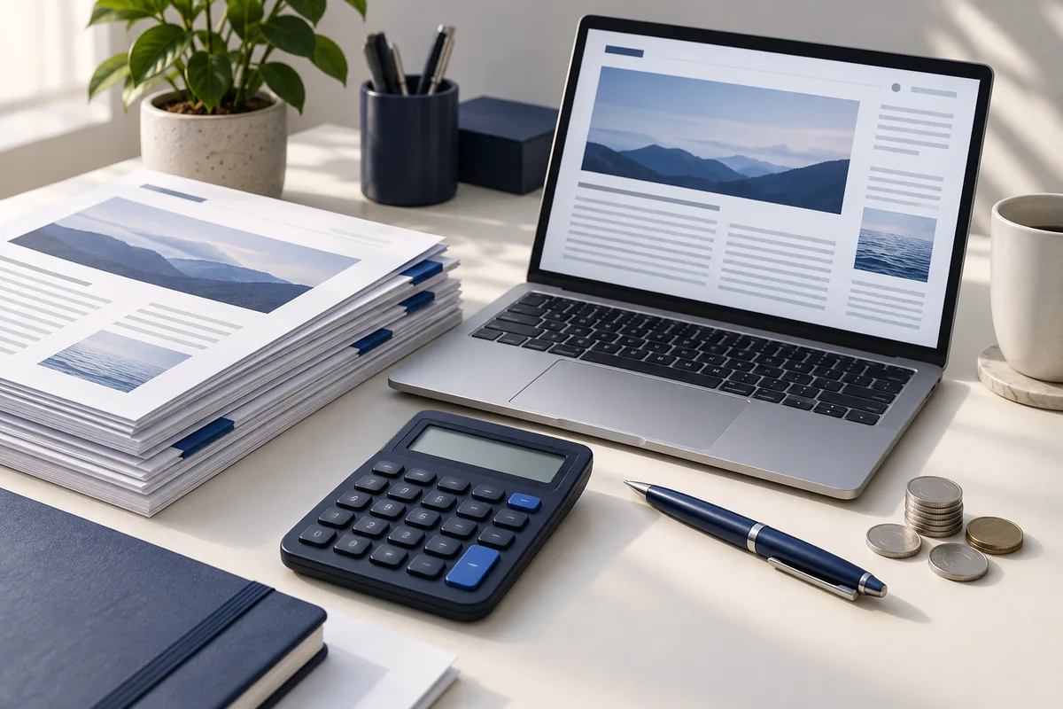 Calculator and research papers beside a laptop illustrating finance editorial research.