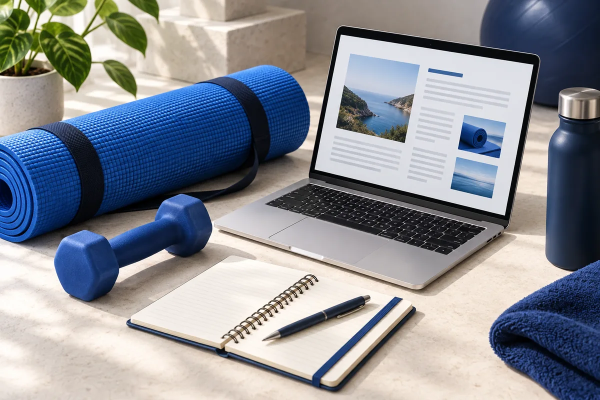 Exercise mat, dumbbell and editorial laptop illustrating fitness content planning.