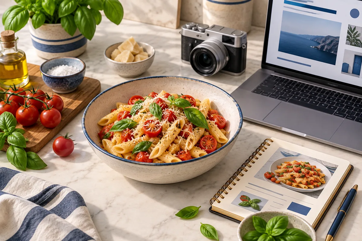 Fresh pasta, ingredients and recipe notebook illustrating food editorial work.