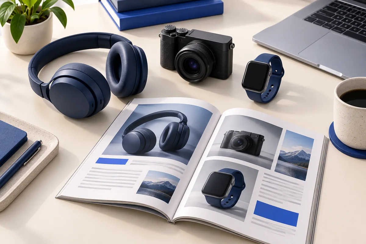 Headphones, smartwatch, camera and magazine illustrating gadget reviews.