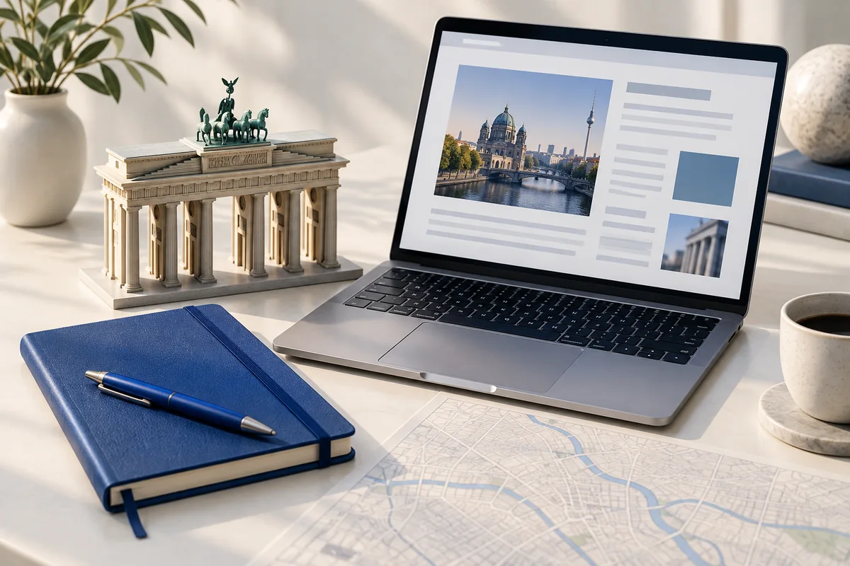Brandenburg Gate model and article draft illustrating German editorial outreach.
