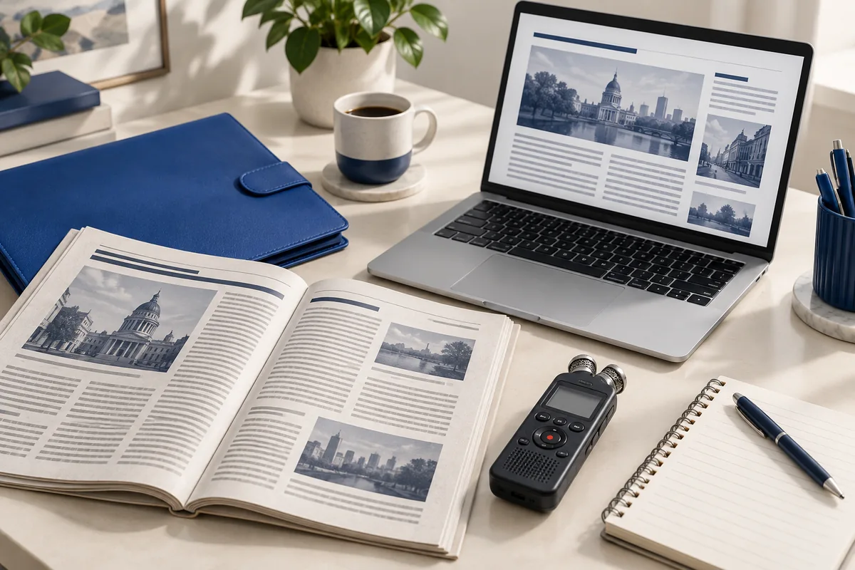 Newspaper, recorder and laptop illustrating news research and editorial outreach.
