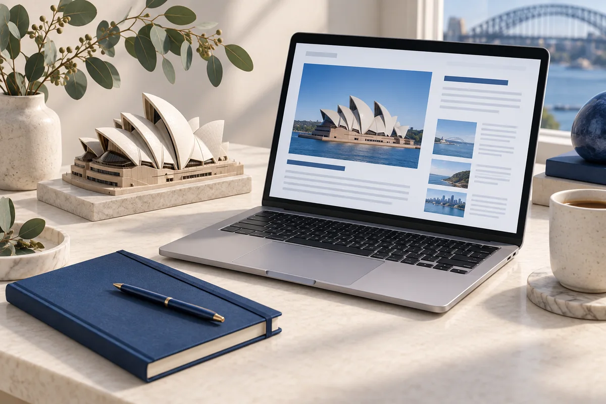Sydney Opera House model, eucalyptus and laptop illustrating Australian outreach.