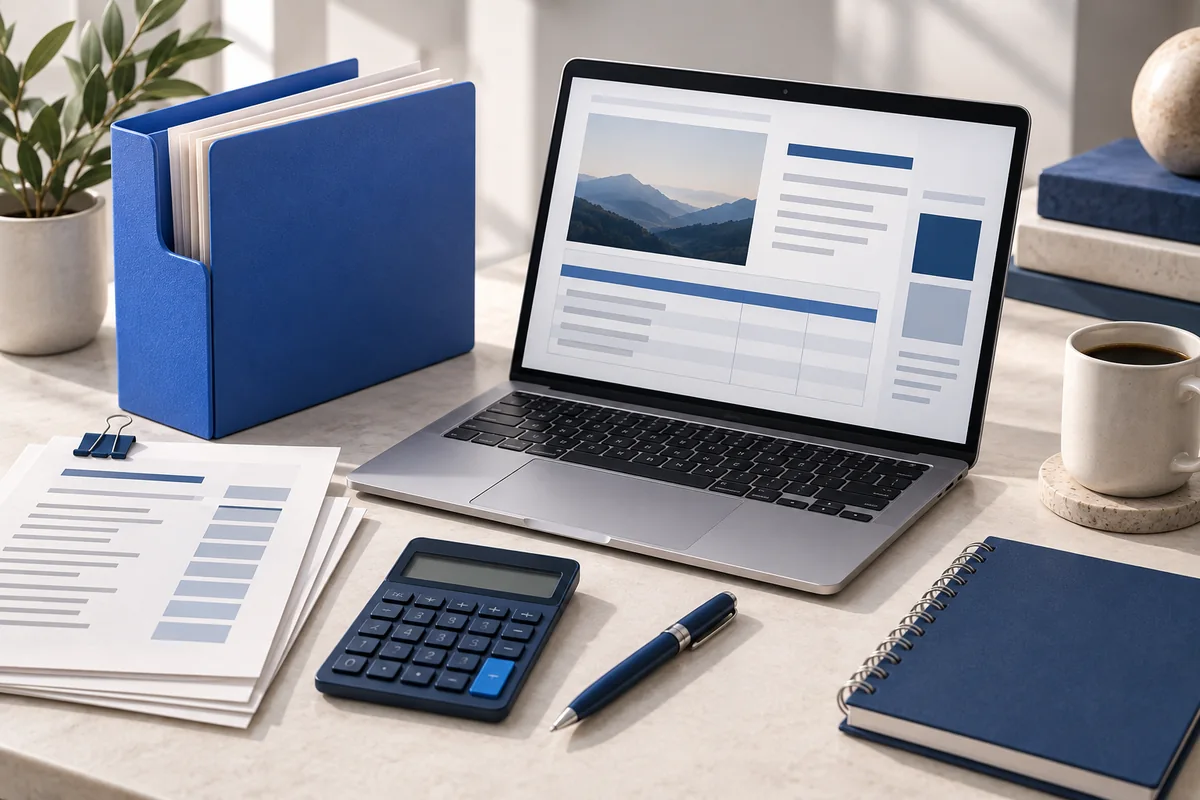Calculator, quote papers and laptop illustrating guest post cost planning.