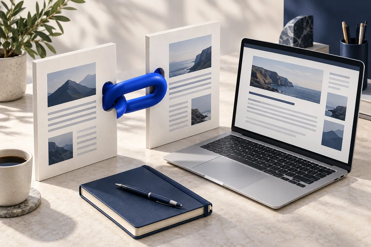 Connected editorial pages and laptop illustrating contextual guest post links.