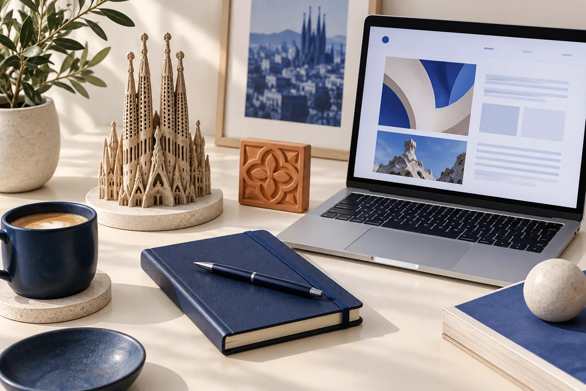 Barcelona landmark model, tile and laptop illustrating editorial outreach in Spain.