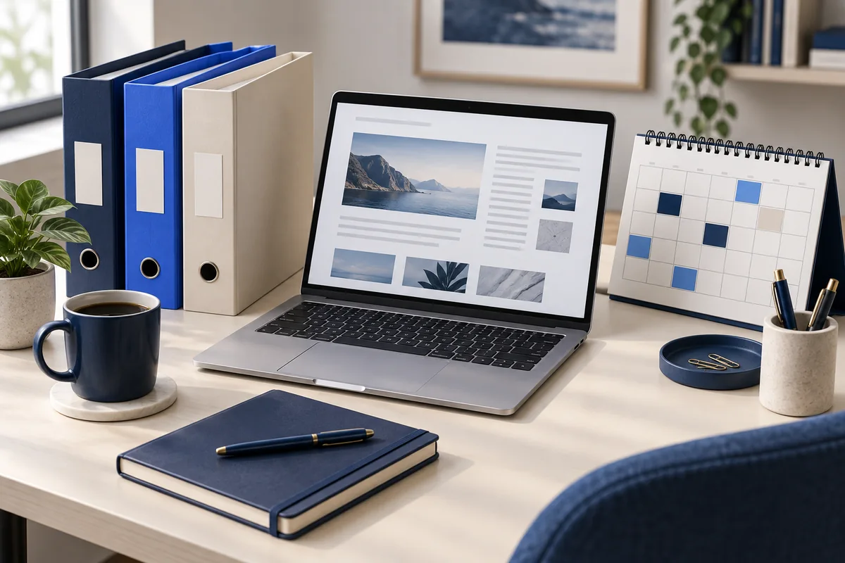 Client folders, editorial calendar and laptop illustrating agency campaign coordination.