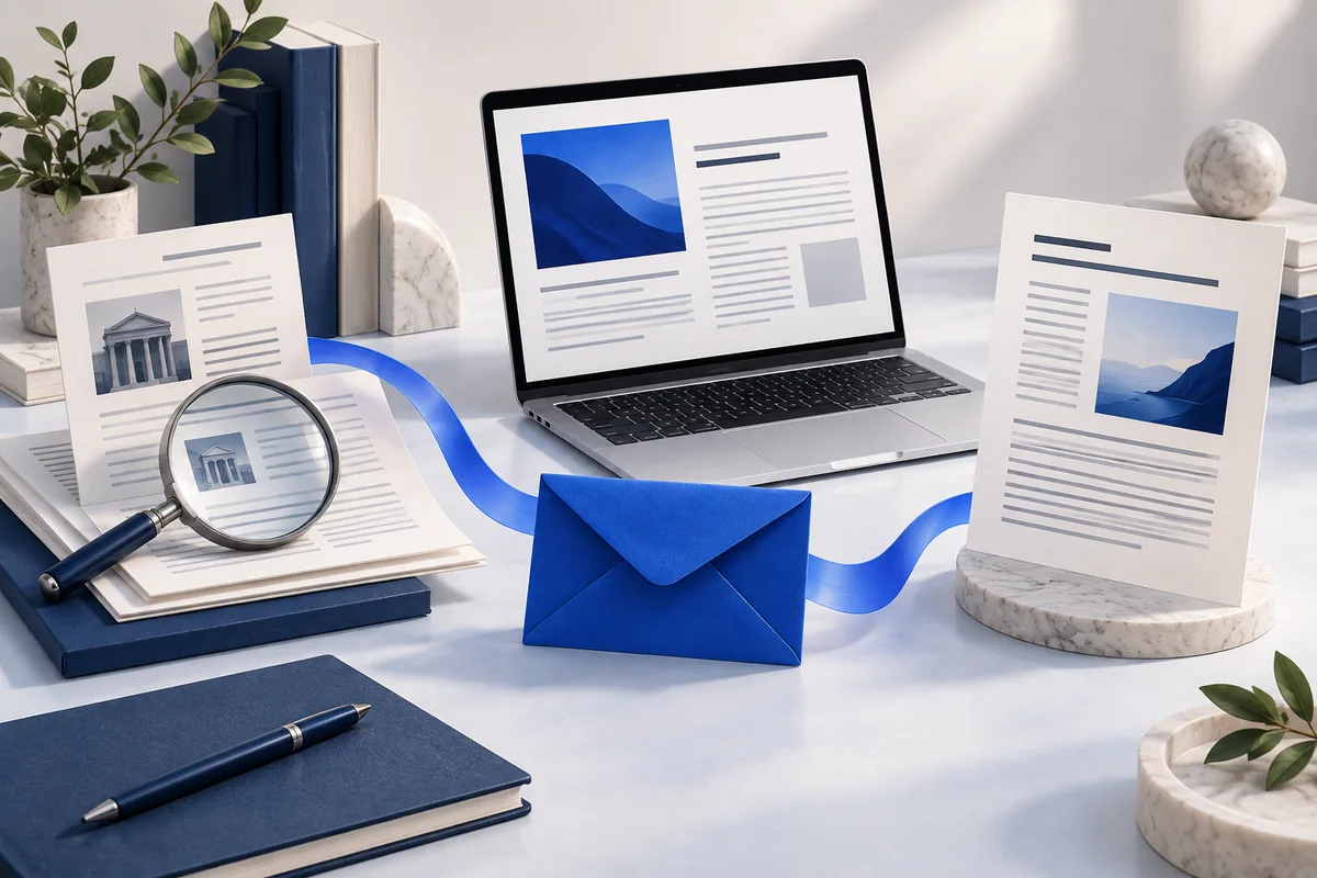 Laptop, editorial drafts and a magnifier illustrating publisher research for a business guest posting campaign.