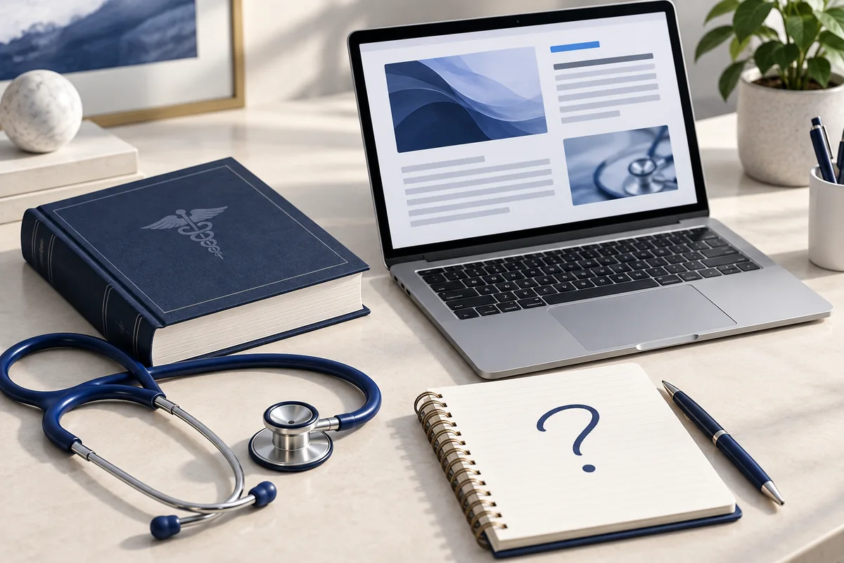 Stethoscope, reference book and article draft illustrating health editorial planning.