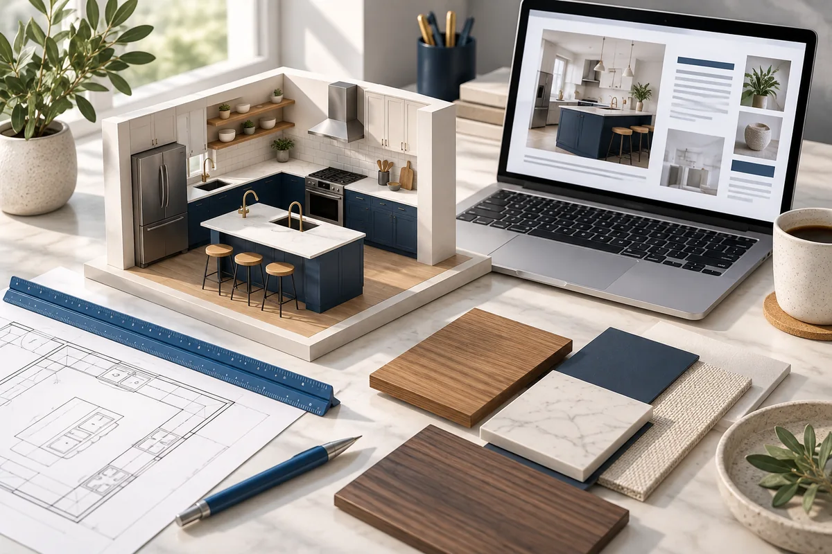 Kitchen model, wood samples and publishing laptop illustrating home improvement articles.