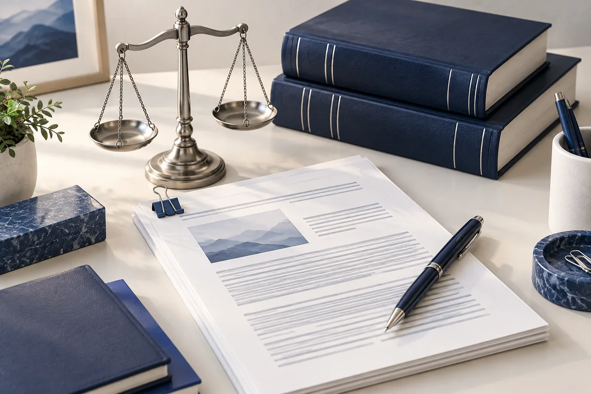 Justice scales, reference books and manuscript illustrating legal editorial research.