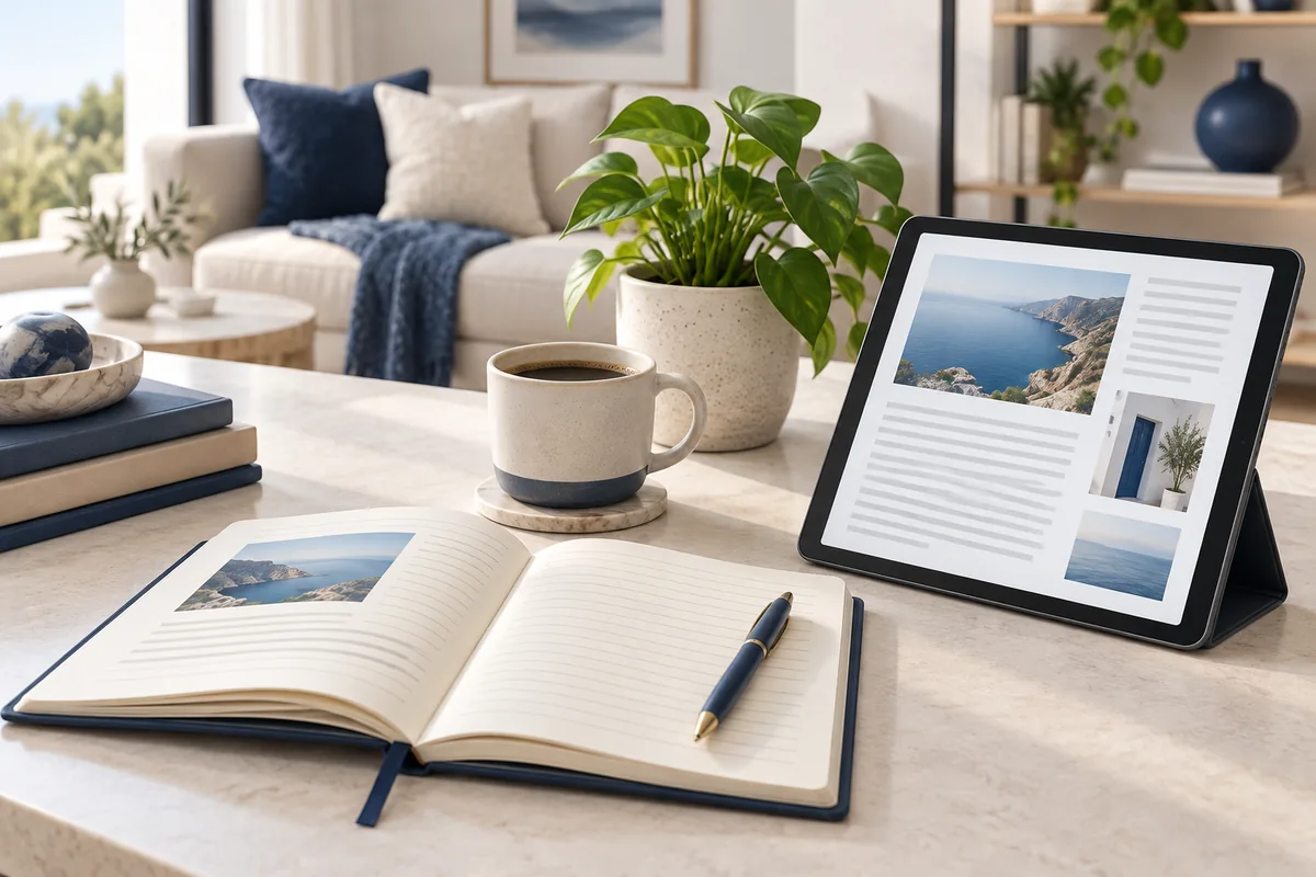 Journal, coffee and tablet illustrating lifestyle article planning.