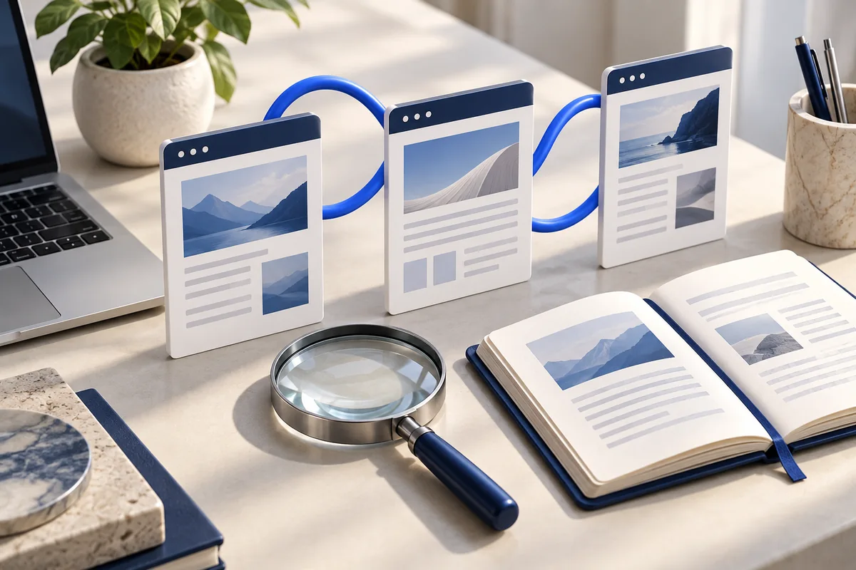 Connected research pages and magnifying glass illustrating link building outreach.