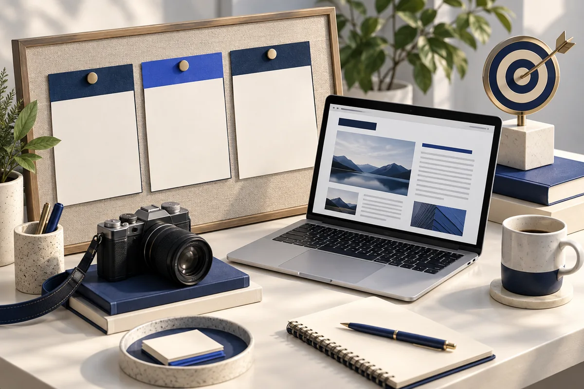 Campaign cards, camera and article draft illustrating marketing content planning.