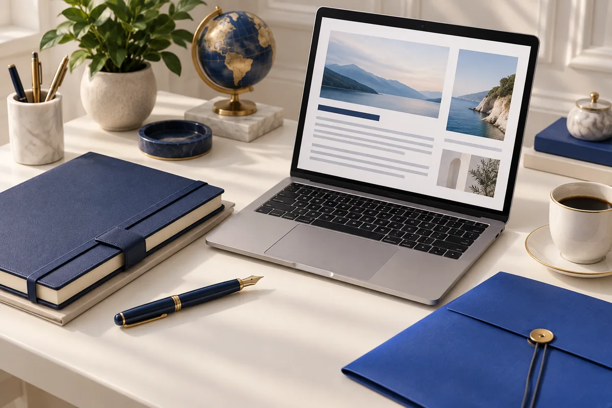 Editorial portfolio, pen and laptop illustrating a carefully scoped guest posting service.