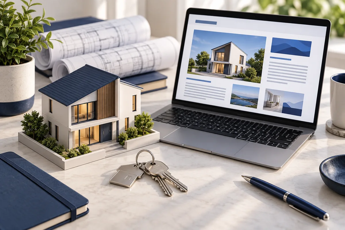 House model, keys and floor plans illustrating property editorial content.