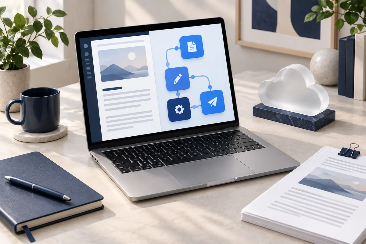 Software workflow, article draft and cloud sculpture illustrating SaaS guest posting.