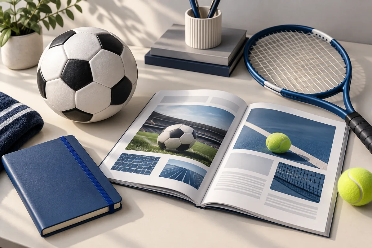 Sports equipment and an editorial magazine illustrating sports guest articles.