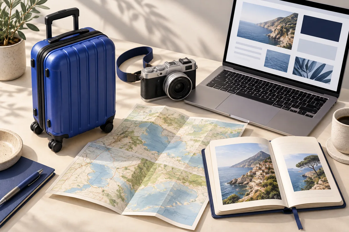 Suitcase, camera, map and journal illustrating travel editorial content.