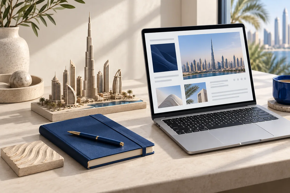 Dubai skyline model and editorial workspace illustrating UAE guest posts.