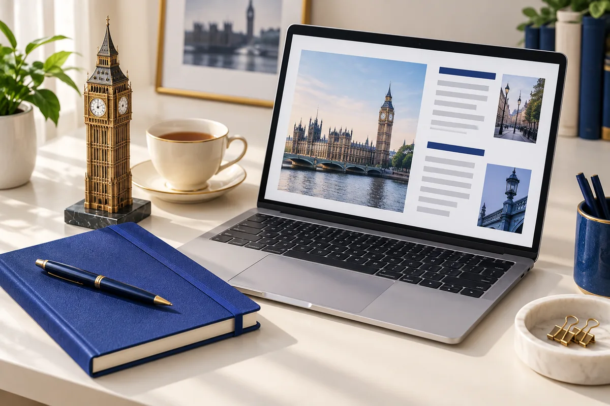 London landmark model, tea and laptop illustrating UK editorial outreach.