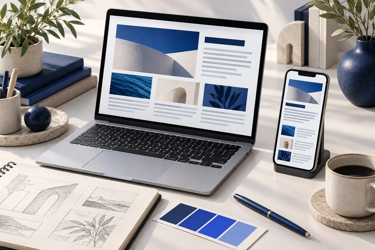Laptop and phone with responsive layouts illustrating web design articles.
