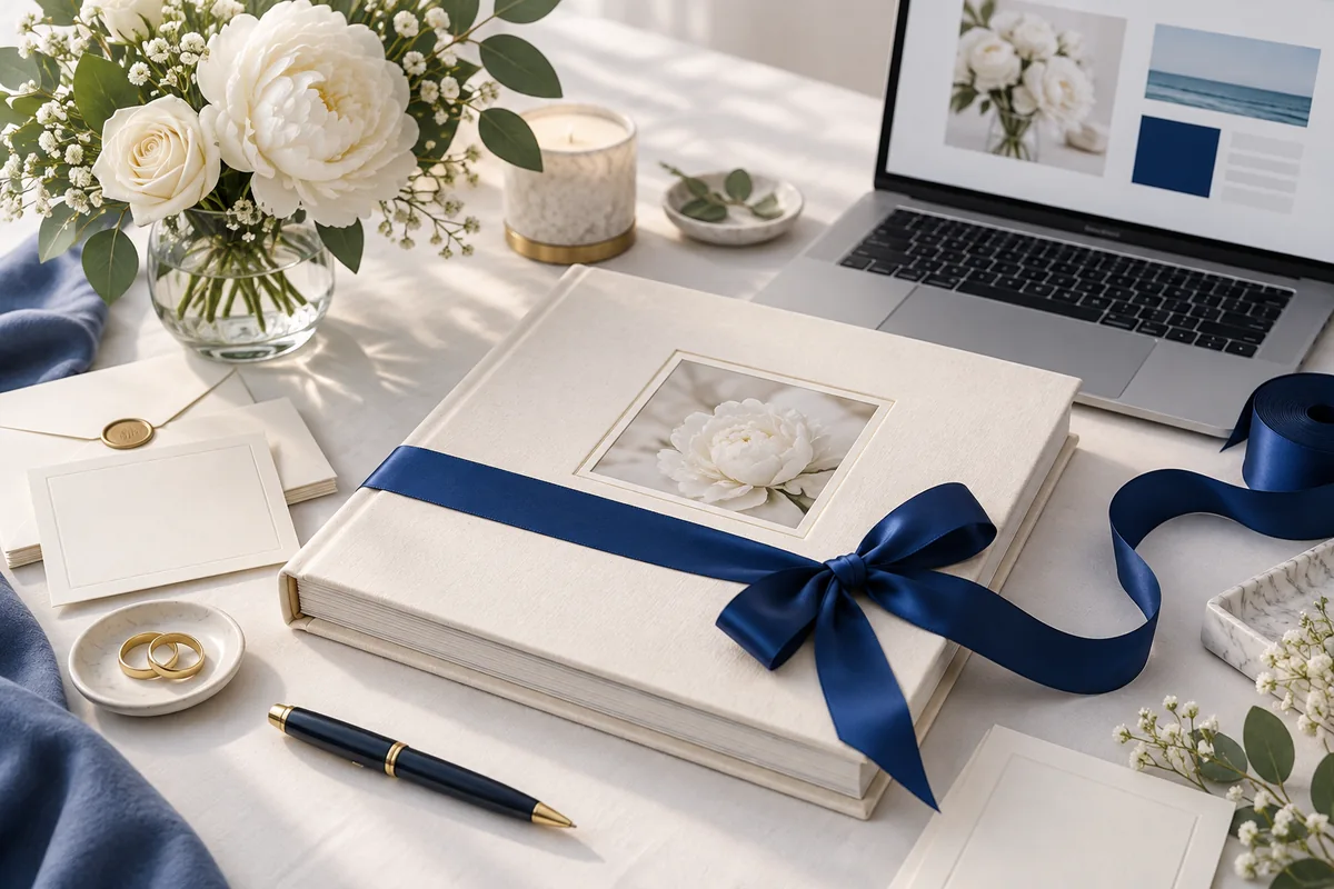 Wedding album, stationery and flowers illustrating wedding editorial planning.