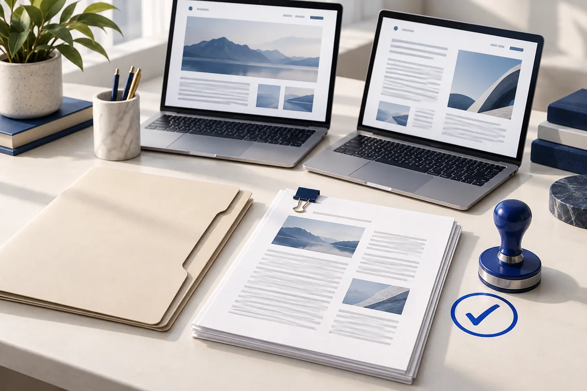 Two laptops, client folders and editorial documents illustrating white-label guest posting coordination for an SEO agency.