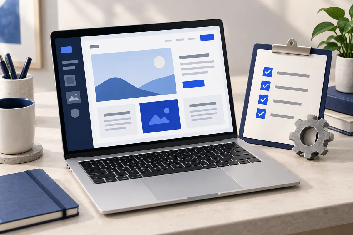 Block editor, maintenance notes and cog illustrating WordPress publishing guidance.